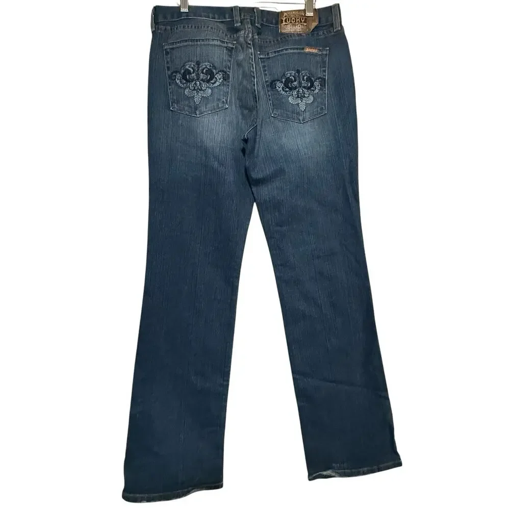 VTG Y2k Lucky Brand Jeans SIZE 12 LONG TALL Bootcut Fleur De Lis Embroidered USA